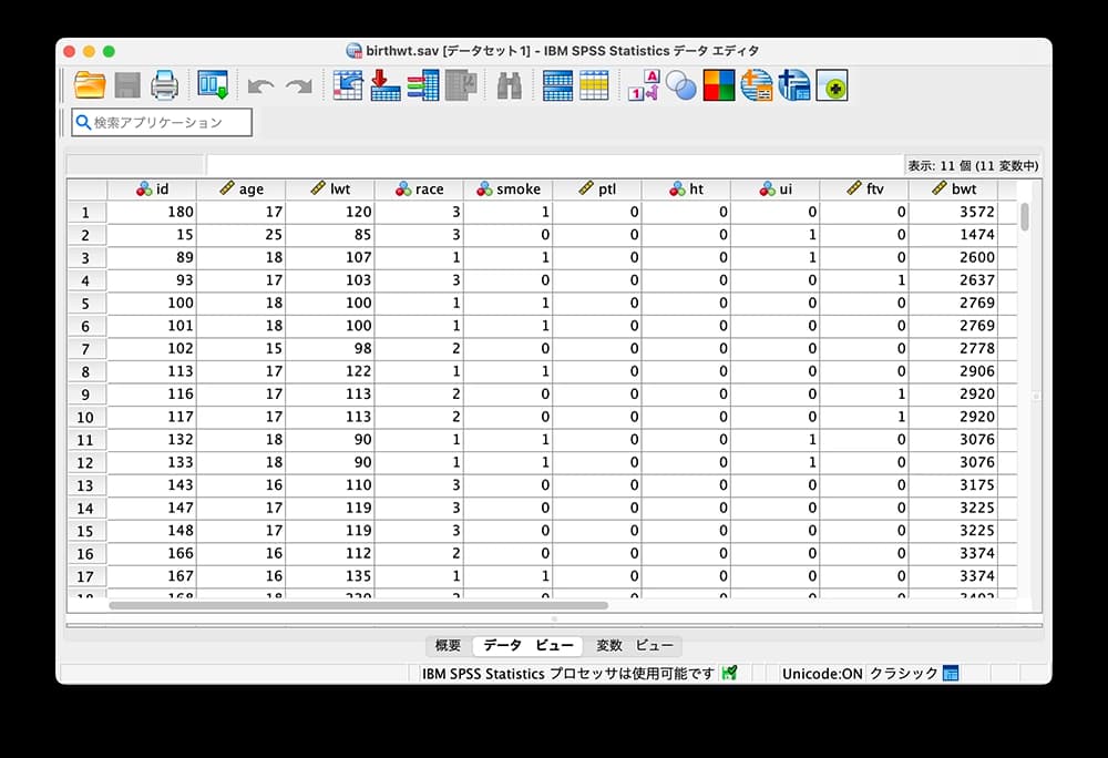 Mac版SPSS Statisticsのデータエディタ画面